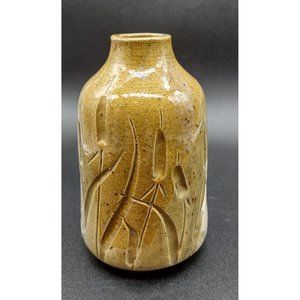 Vase Hand Thrown Cattails Engraved Signed Claudia 5 by 3 Inches